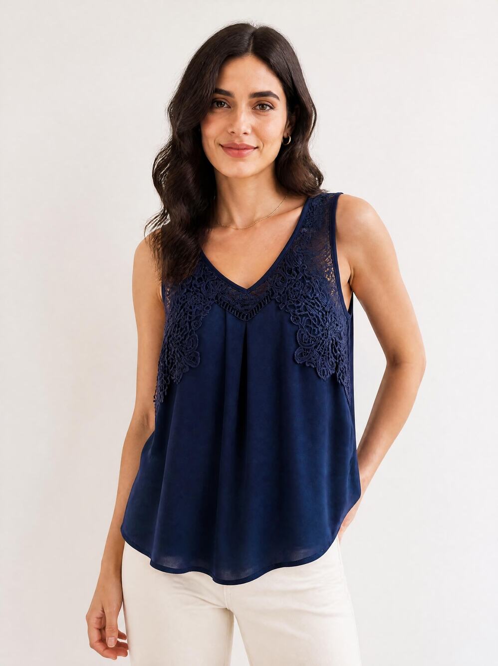 Maurices Navy Blue Crochet Lace Trim V-Neck Sleeveless Tank Top Women's L Flowy
